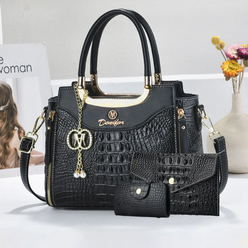 Women'S Crossbody Bags - Women's Crocodile Texture Handbag Set, 3-Piece
